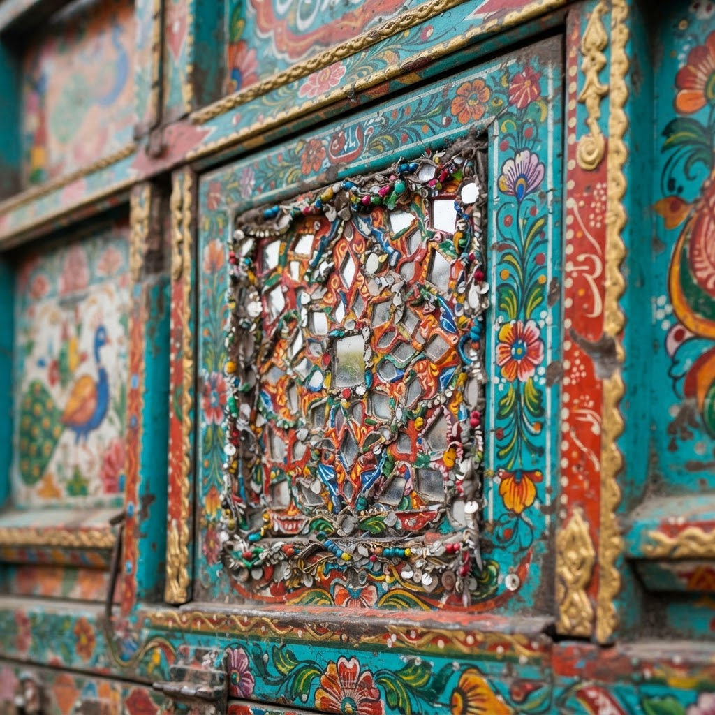 Close-up of intricate hand-painted Pakistani truck art with mirror work and folk patterns
