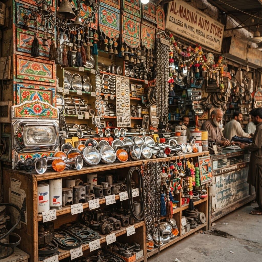 Truck spare parts and components at a Pakistani bazaar