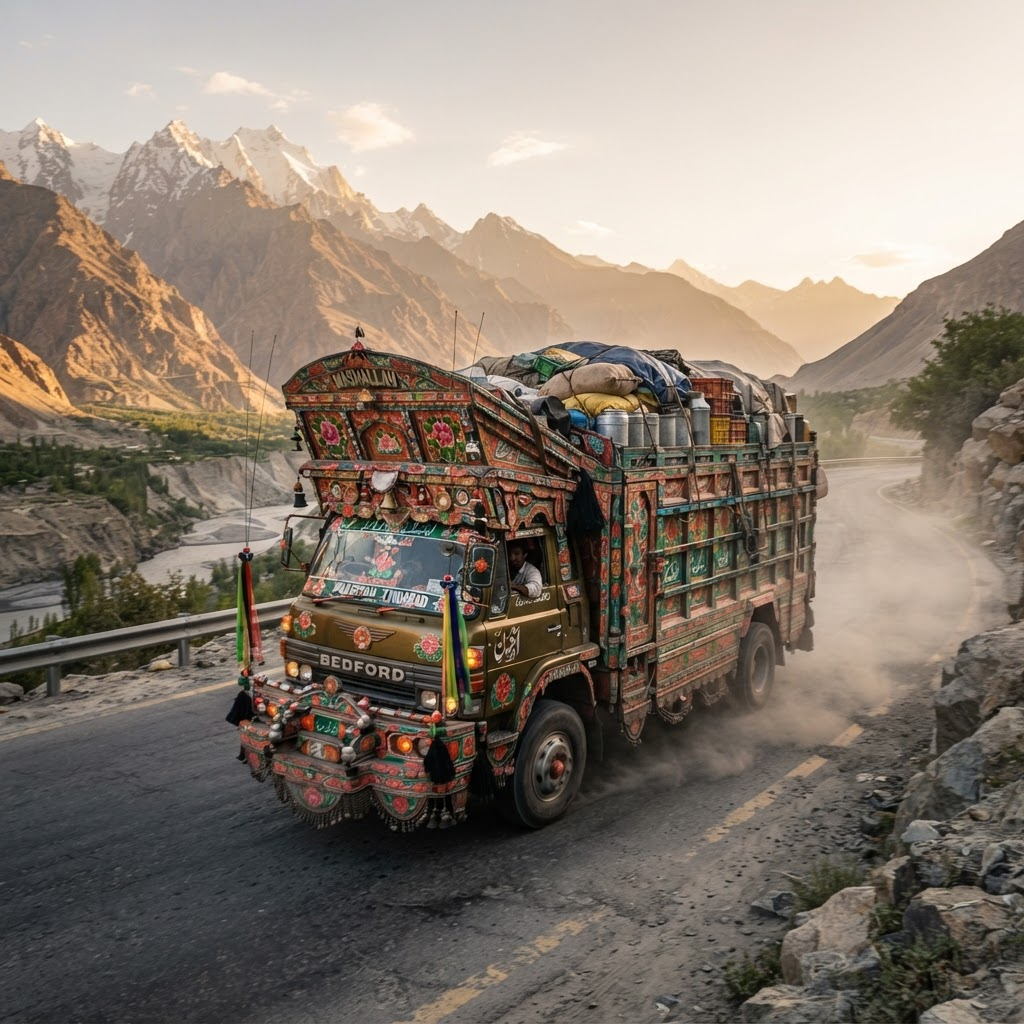 A decorated truck on a Pakistani mountain highway