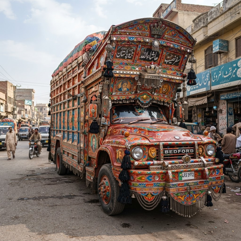 Colourful Pakistani jingle trucks lined up on a street