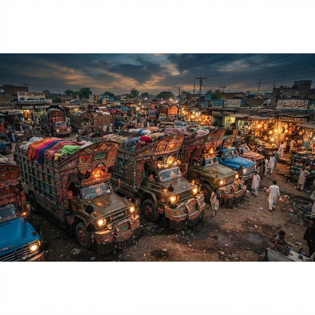 Fleet of decorated Pakistani trucks parked together