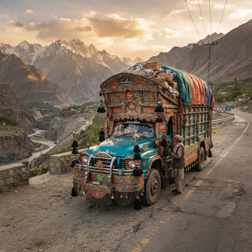 A traditional Pakistani decorated jingle truck on a mountain highway at golden hour